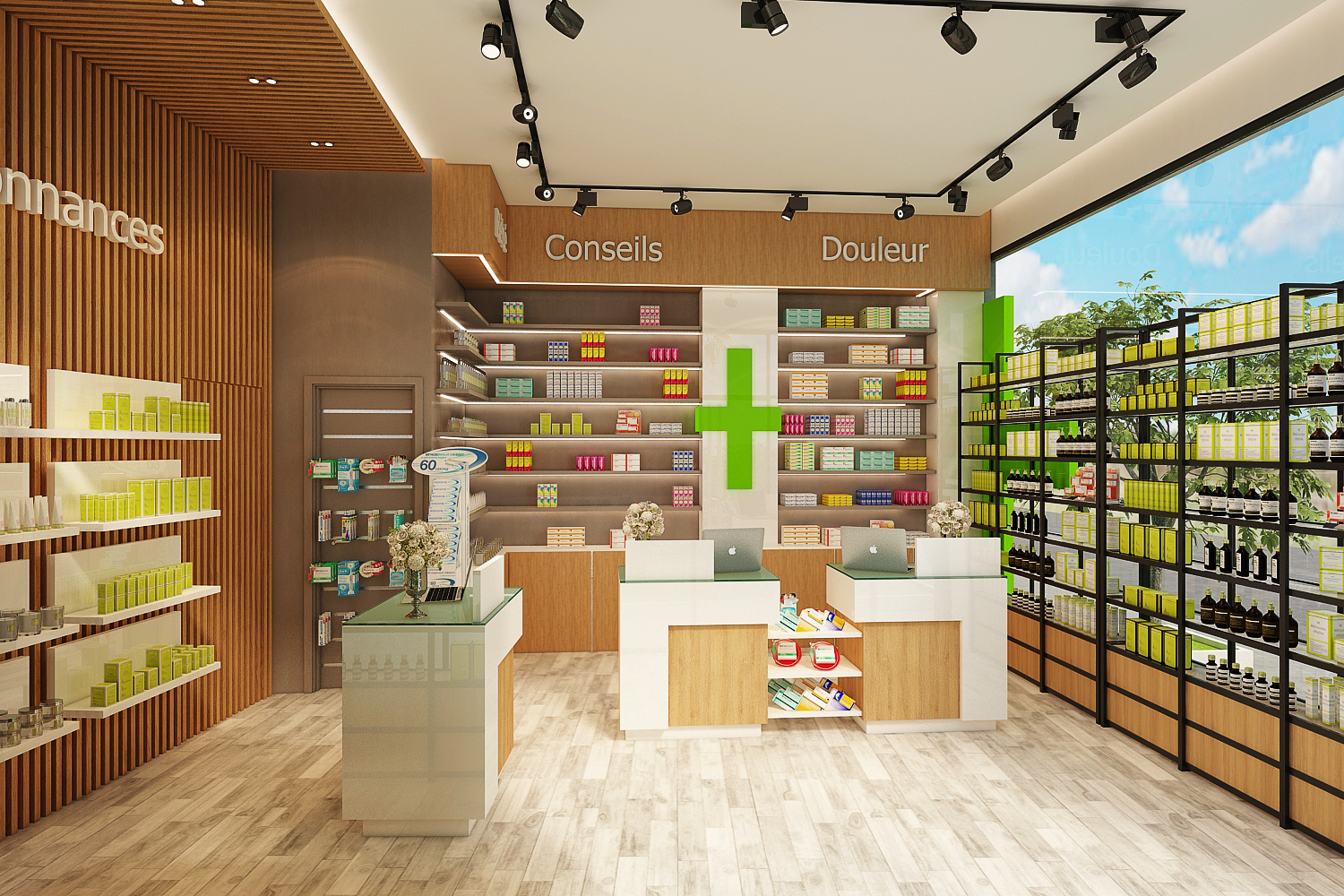 Pharmacie à Marrakech – Design intérieur commercial moderne – Aménagement professionnel par architecte d’intérieur