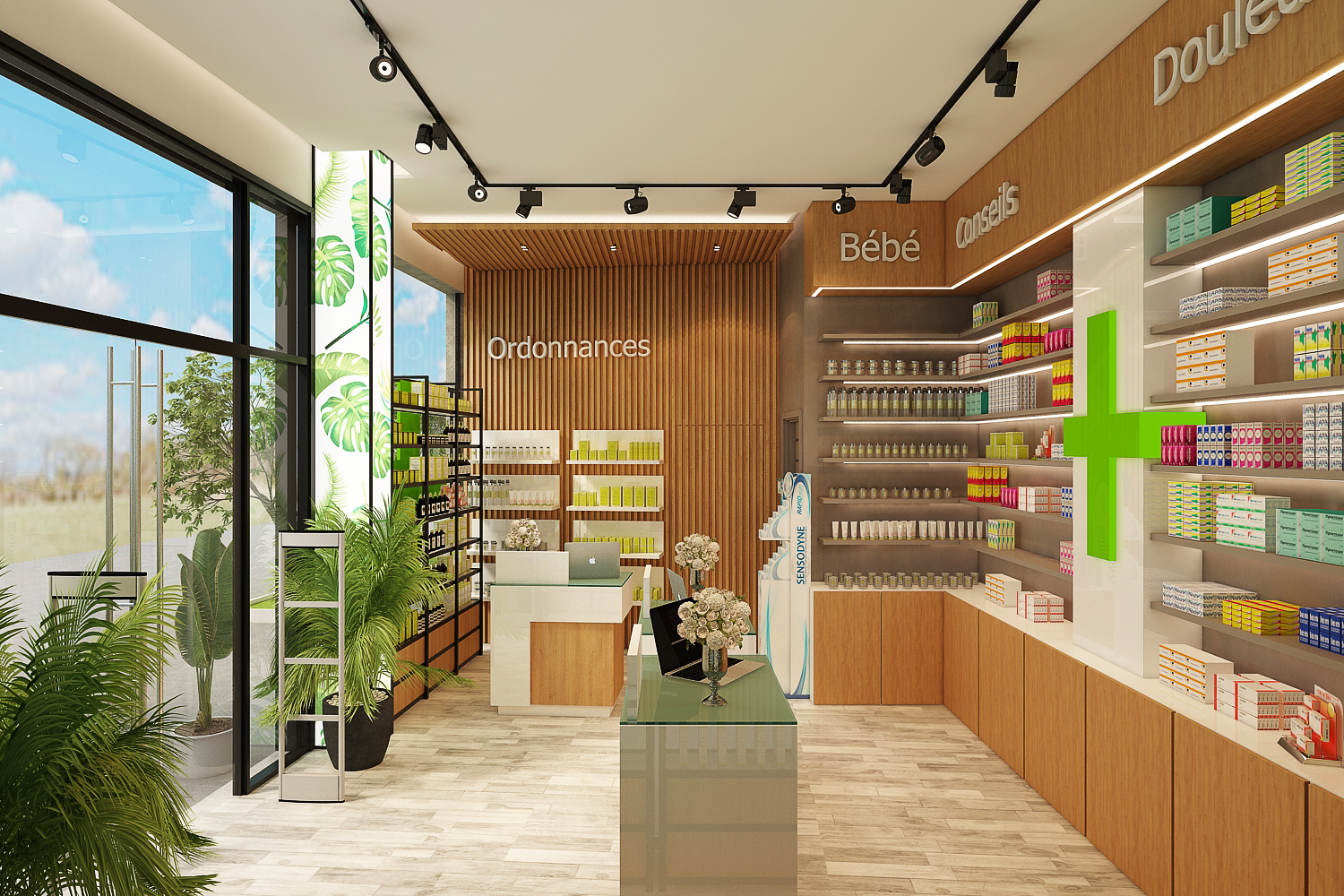 Pharmacie à Marrakech – Design intérieur commercial moderne – Aménagement professionnel par architecte d’intérieur