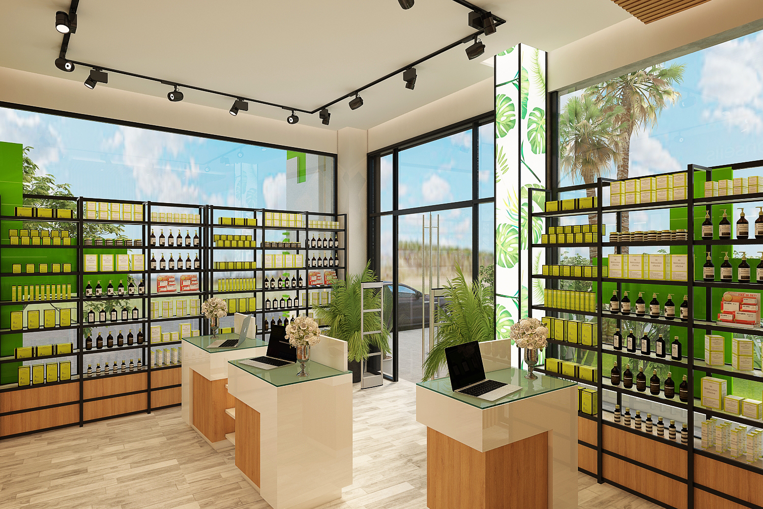 Pharmacie à Marrakech – Design intérieur commercial moderne – Aménagement professionnel par architecte d’intérieur