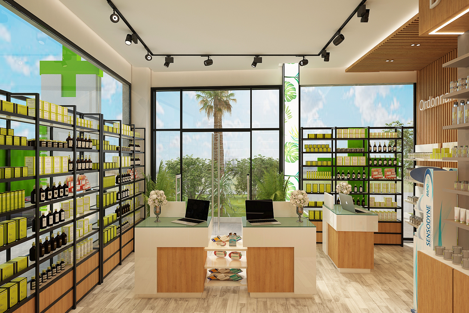 Pharmacie à Marrakech – Design intérieur commercial moderne – Aménagement professionnel par architecte d’intérieur