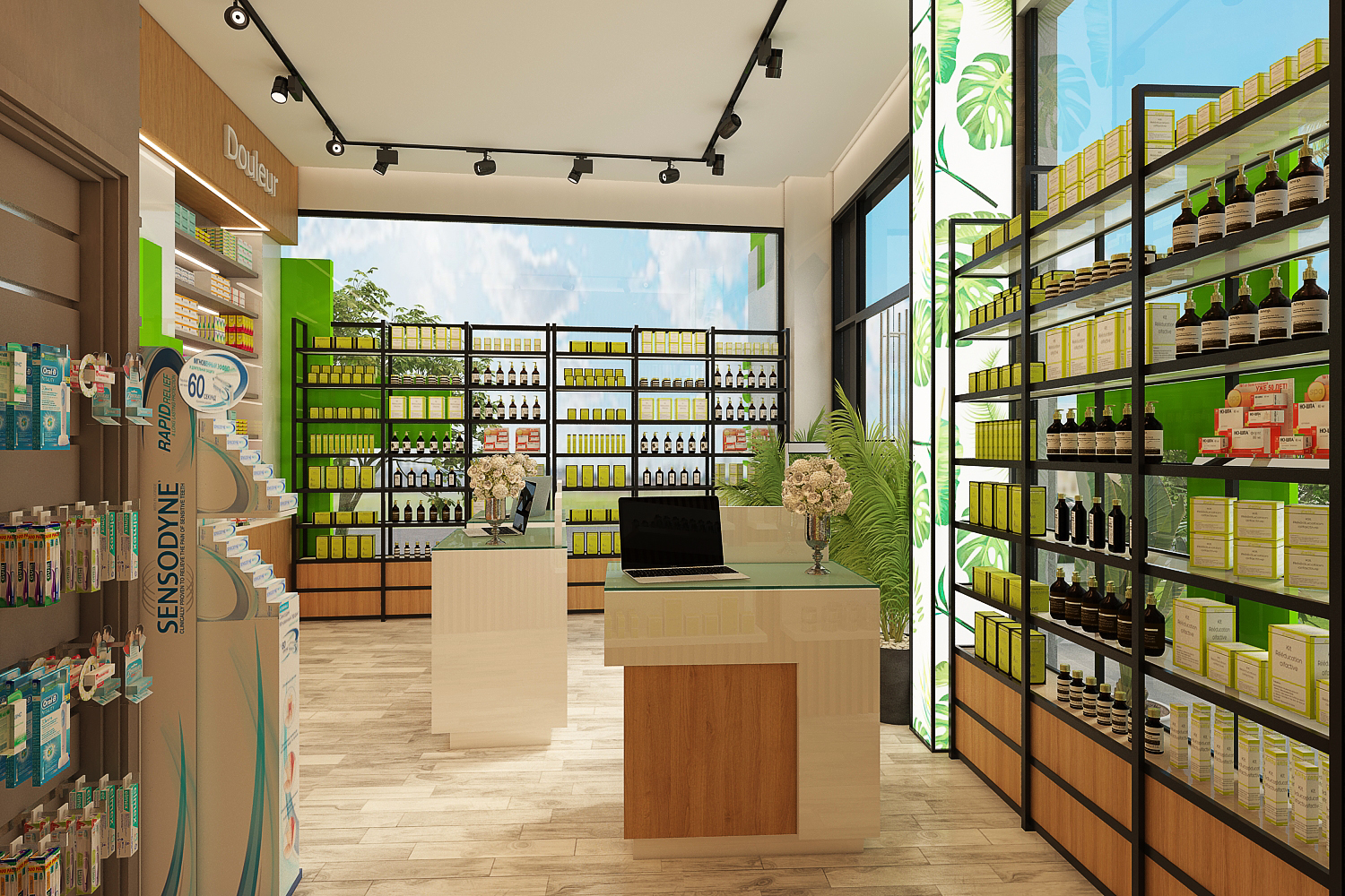 Pharmacie à Marrakech – Design intérieur commercial moderne – Aménagement professionnel par architecte d’intérieur