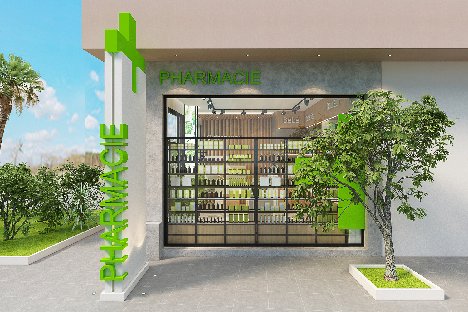 Pharmacie à Marrakech – Design intérieur commercial moderne – Aménagement professionnel par architecte d’intérieur